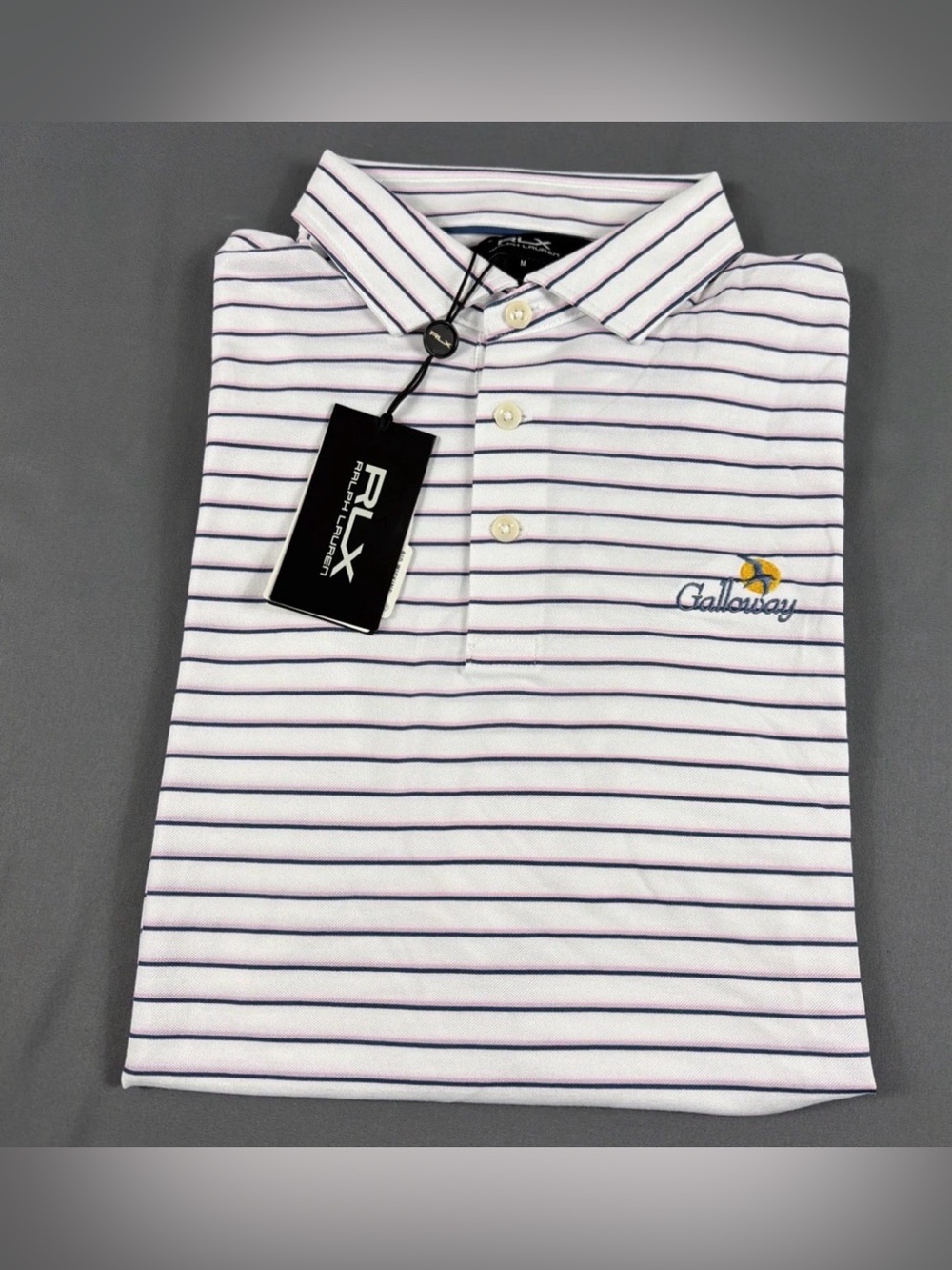 RLX Ralph Lauren Golf Shirt Polo Chest Logo Striped Medium White NWT MSRP $120